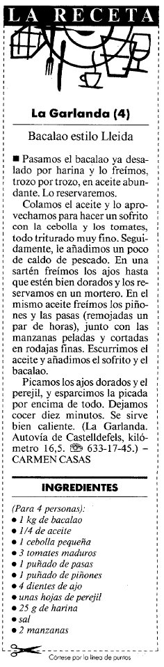 Recepta de bacall estil 'Lleida' del restaurant 'La Garlanda' de Gav Mar publicada al diari LA VANGUARDIA (6 Abril 1999)